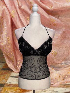 Y2K Beaded Black Halter Top